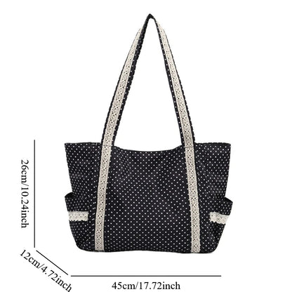 Korean Vintage Canvas Shoulder Bag Women Cute Lace Large Capacity Tote Bag Multi Pocket Handbag Fashion Round Dot Underarm Bag