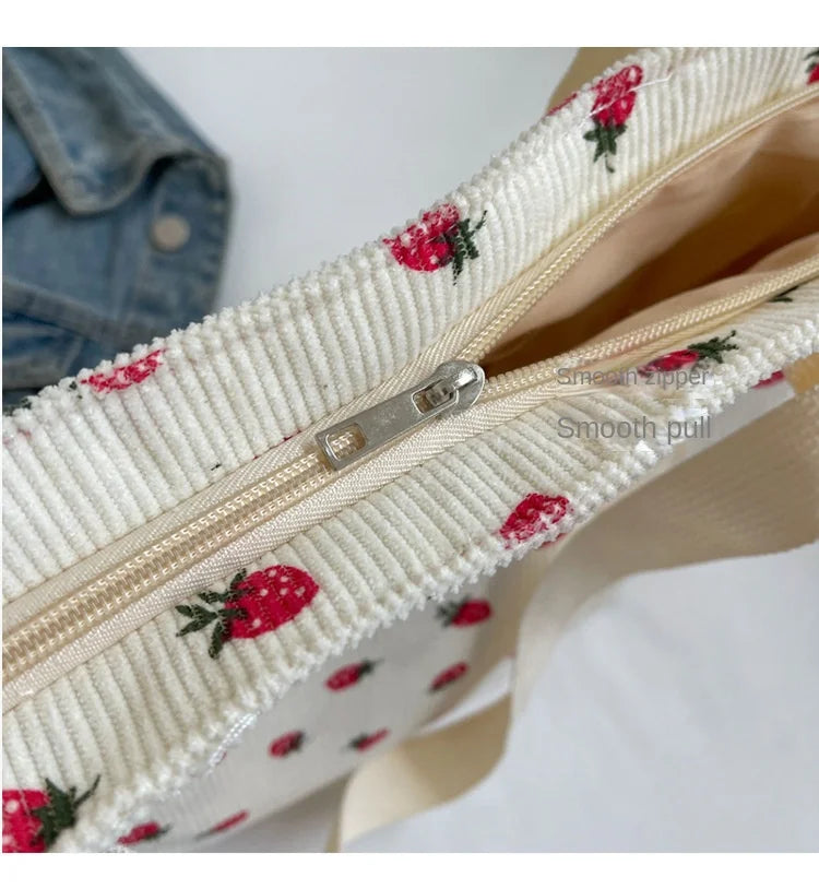 Fashion Corduroy Shoulder Bag for Women, Cute Printed Handbag, Casual Commuter & Shopping Purse, Trendy Underarm Bag