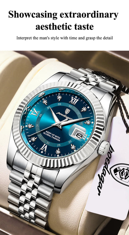 POEDAGAR Original Men Wristwatch Waterproof Luminous Date Business Man Clock Stainless Steel Quartz Military Men's Watches Reloj