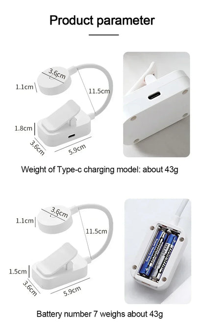 Mini Clip Book Lamp LED Table Lamp Eye Protection 3 Colors Battery Powered Night Light Portable Bedside Student Reading Lamp