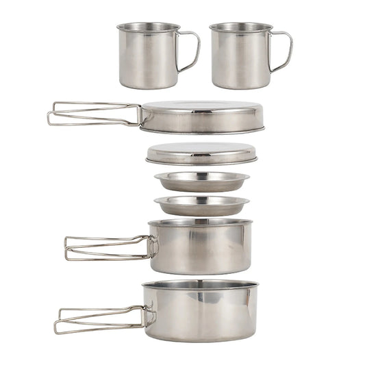 8pcs Stainless Steel Camping Cookware Mess Kit with Cooking Pot Pan Set Plates Cups for Outdoor Hiking Backpacking
