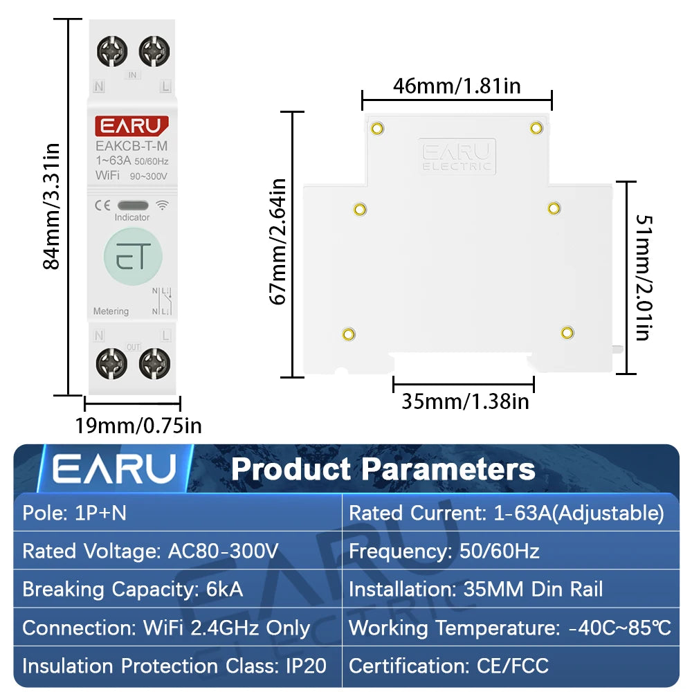 Tuya WiFi Smart Circuit Breaker MCB 1P+N 63A Timer Power Energy kWh Voltage Current Meter Protector Voice Remote Control Switch