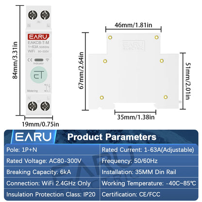Tuya WiFi Smart Circuit Breaker MCB 1P+N 63A Timer Power Energy kWh Voltage Current Meter Protector Voice Remote Control Switch