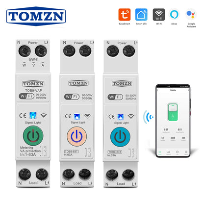 TOMZN 63A 1P+N WIFI Smart Switch Energy Meter kWh Metering Monitoring Timer Relay MCB TUYA Smartlife Voltage Current Protection