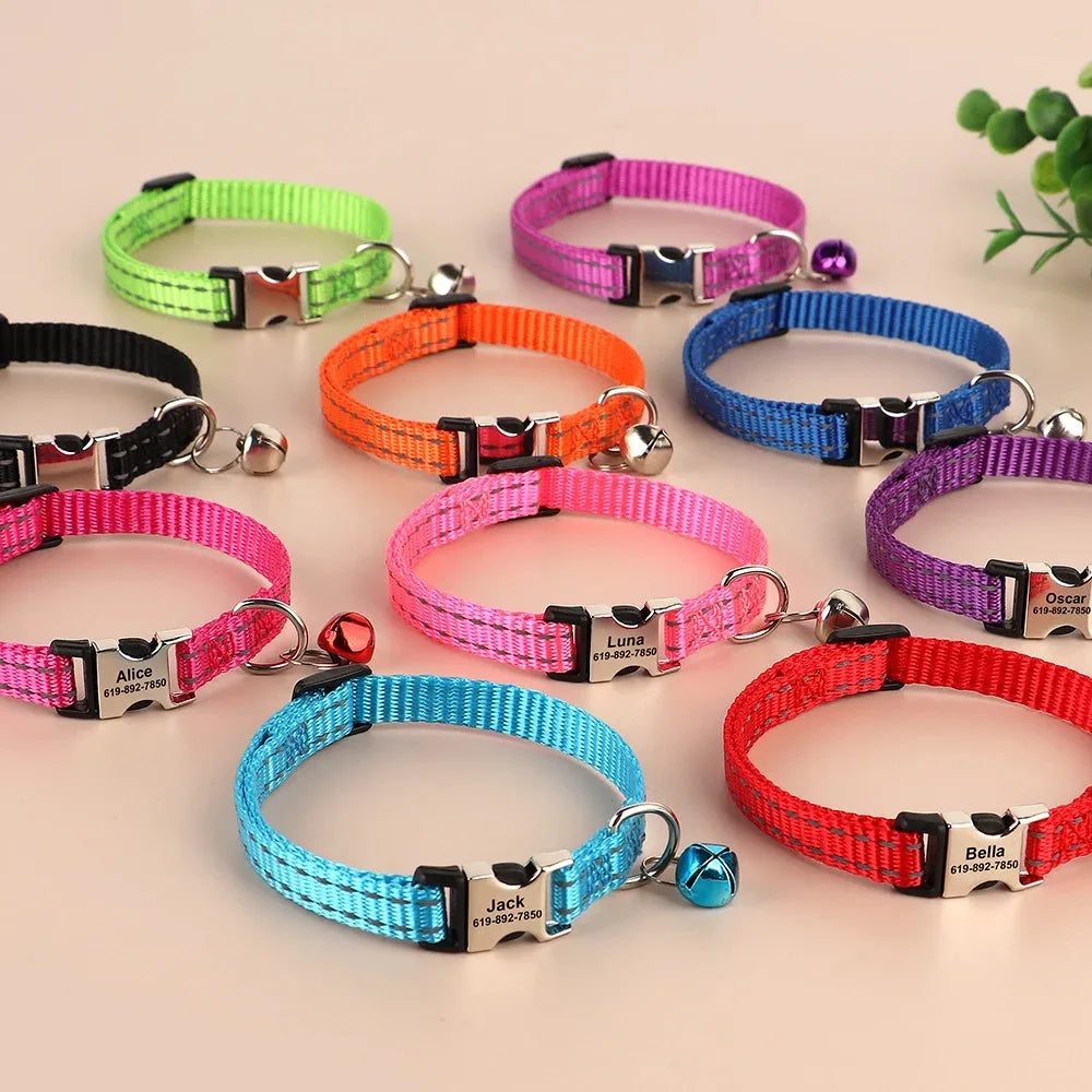 Personalized Name Cat Collar Reflective Nylon Dog Cats ID Collar With Bell Engraving Name for Small Cats Dogs Chihuahua 6 Colors