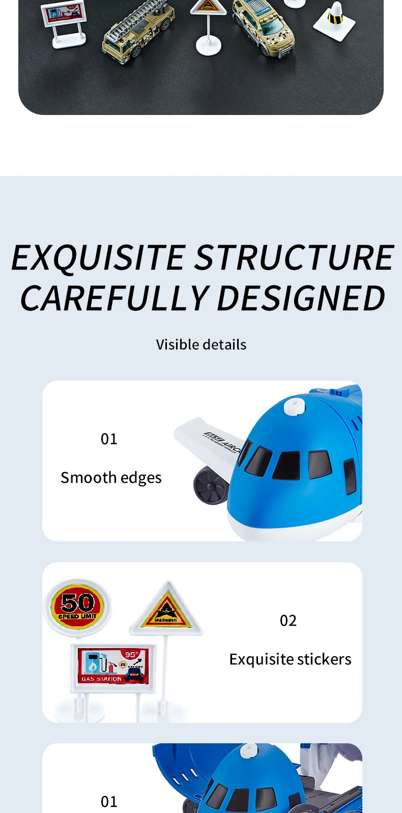 Children's Airplane Car Toy, Inertial Airplane Model, Equipped with 6 Road Signs Random 3 Cars 1 Helicopter, Christmas Gift