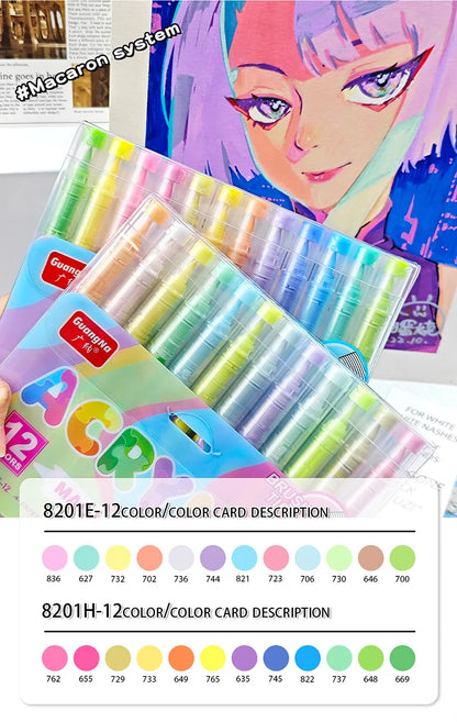 GuangNa 12-72 Colors Soft Brush Acrylic Marker Pen Set,Skin Tone, Macaron color,DIY Hand Drawn,Paint Art Markers pens,GN.8201F/M
