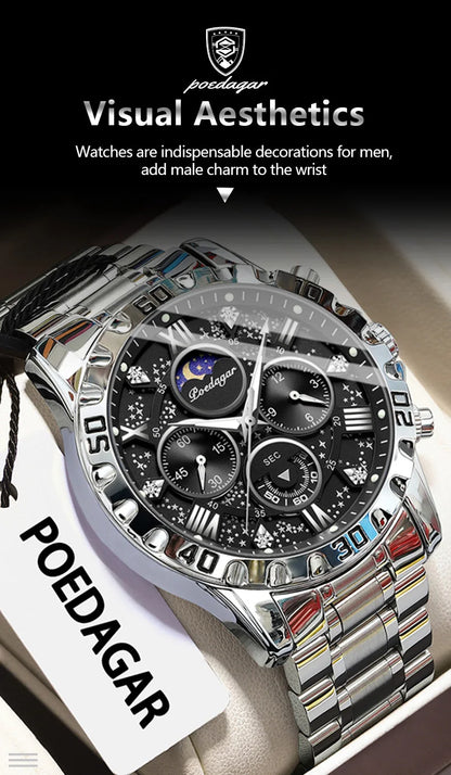 POEDAGAR Luxury Man Watch Waterproof Luminous Stainless Steel Quartz Men's Wristwatch Chronograph Military Watches For Men Reloj