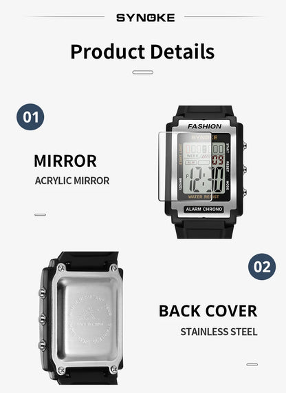 SYNOKE Men Rectangular Sports Electronic Watch Waterproof 50M Night Light Large Screen Alarm Clock Trend Retro Style