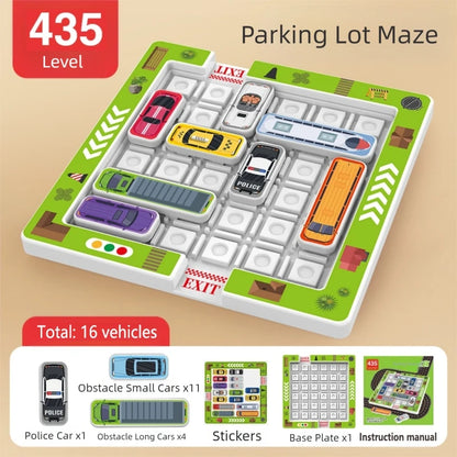 Children's educational puzzle game for logical thinking and concentration, parking lot with moving vehicles and maze toys