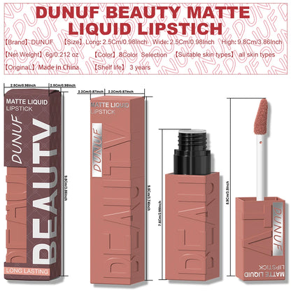 DUNUF 8-Color Matte Velvet Smooth Easy-to-Apply Square Tube Lip Gloss Waterproof Three-Dimensional Plumping Lipstick