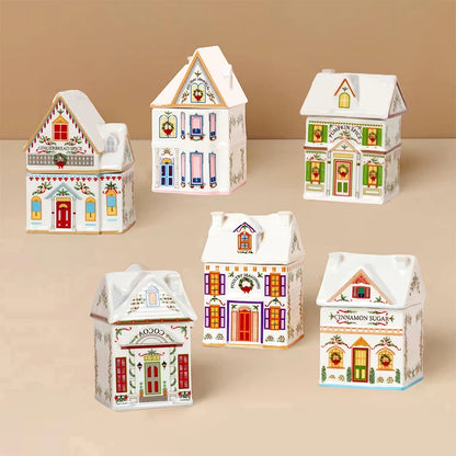 Holiday Village Spice House Set, Mini Christmas Gingerbread Houses Jars, Festive Decor Kitchen Countertop Christmas Candle