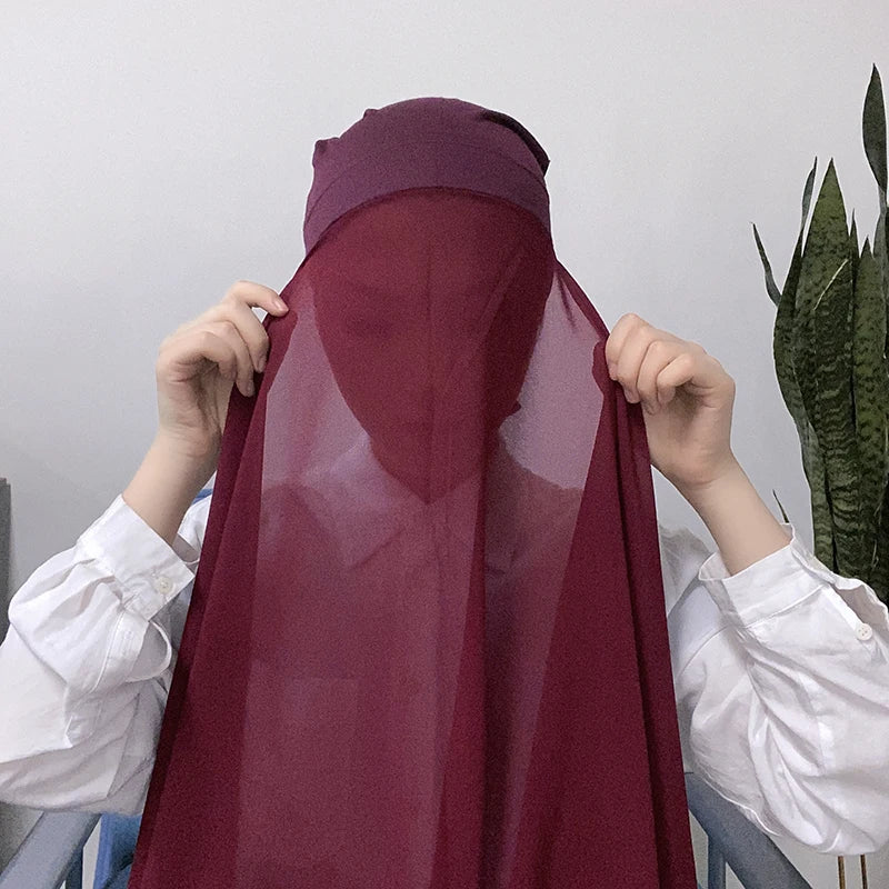 Muslim Women Bonnet + Chiffon Shawl Instant Under scarf Cap Islam Inner Scarf Headband Stretch Hijab Cover Headwrap Turbante