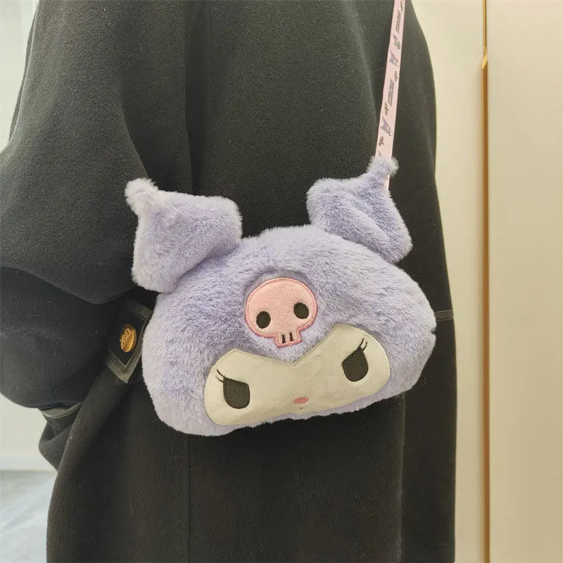 New Sanrio Cartoon Kuromi Skull Plush Bag Shoulder Bag Girl Cute Sweet Girl Heart Handbag Crossbody Bag Plush Money Storage Bag