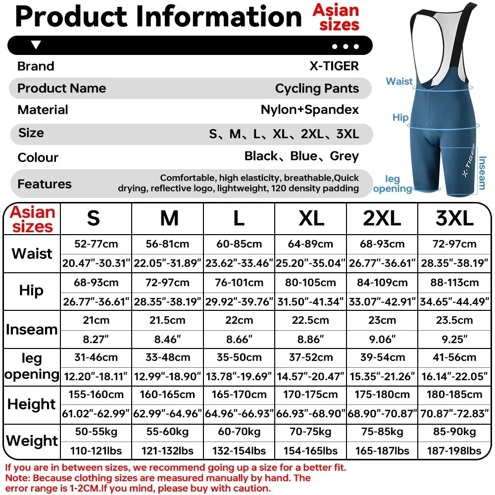 X-TIGER Cycling Bib Pants 120 High Density Cushion Men's Cycling Shorts Road Bike MTB Cycling Pants Sports Fitness Casual Pants
