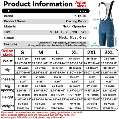 X-TIGER Cycling Bib Pants 120 High Density Cushion Men's Cycling Shorts Road Bike MTB Cycling Pants Sports Fitness Casual Pants