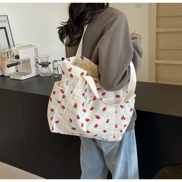 Fashion Corduroy Shoulder Bag for Women, Cute Printed Handbag, Casual Commuter & Shopping Purse, Trendy Underarm Bag