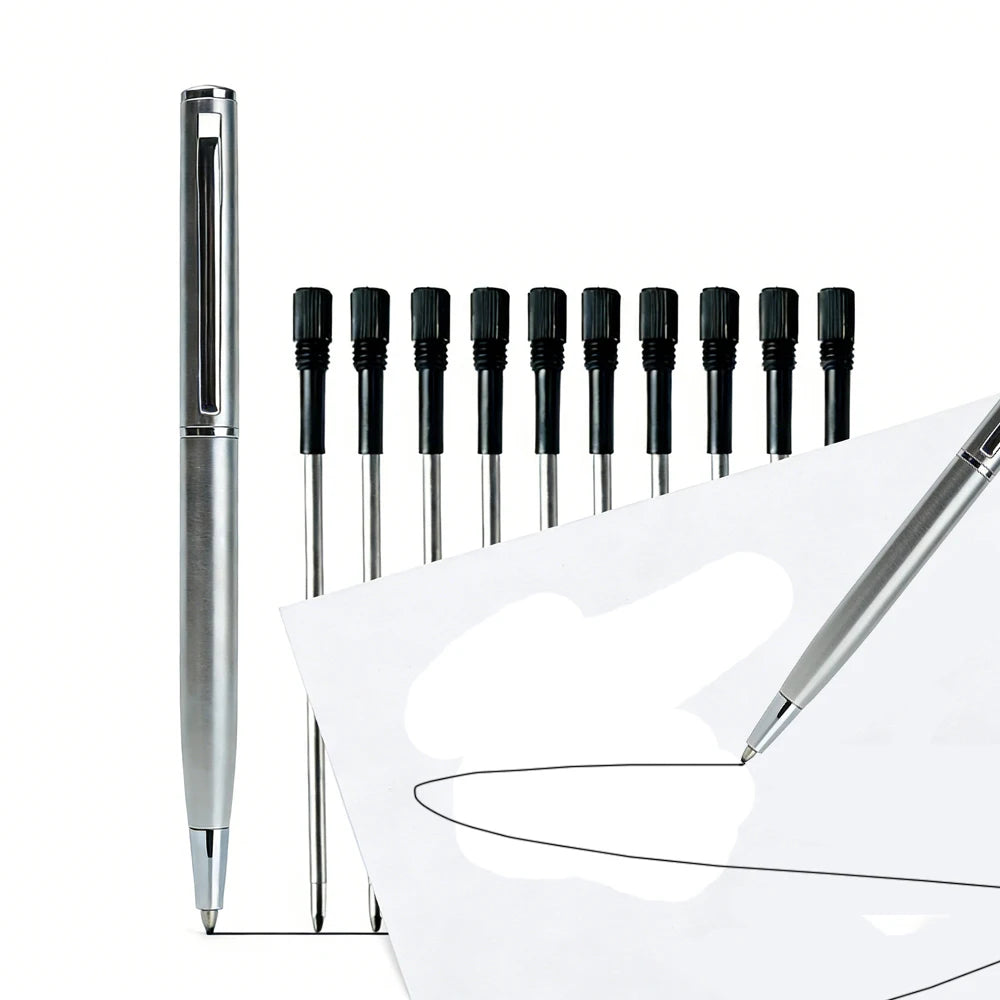 Mini Stainless Steel Metal Ballpoint Pen with 10 Replacement Refills Set, Portable Pocket Ballpen Compact Short Pen for Wallet