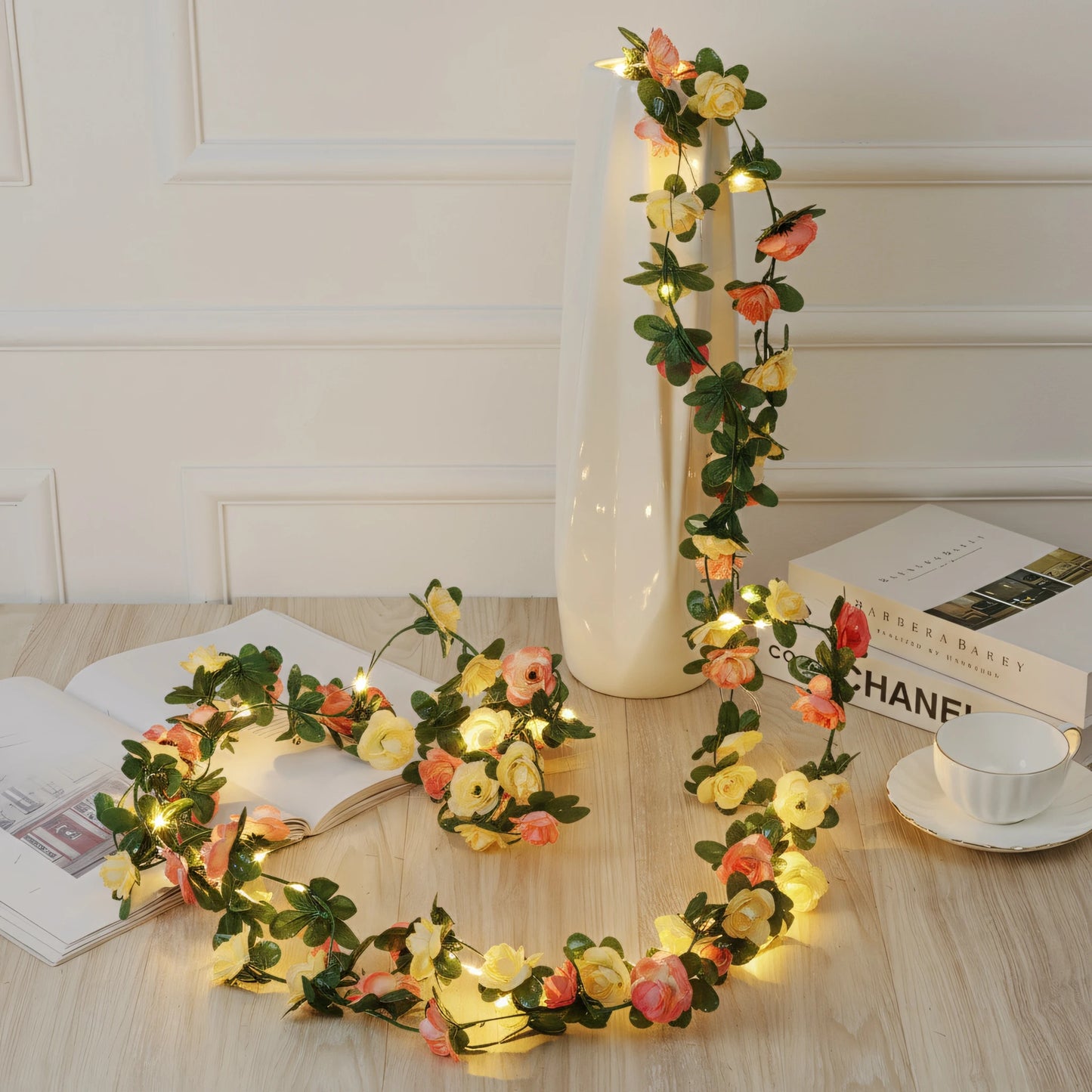250CM Rose Vine With LED Lights Artificial Flowers Wedding Home Room Decoration Spring Autumn Garden Arch Christmas Rattan Vine