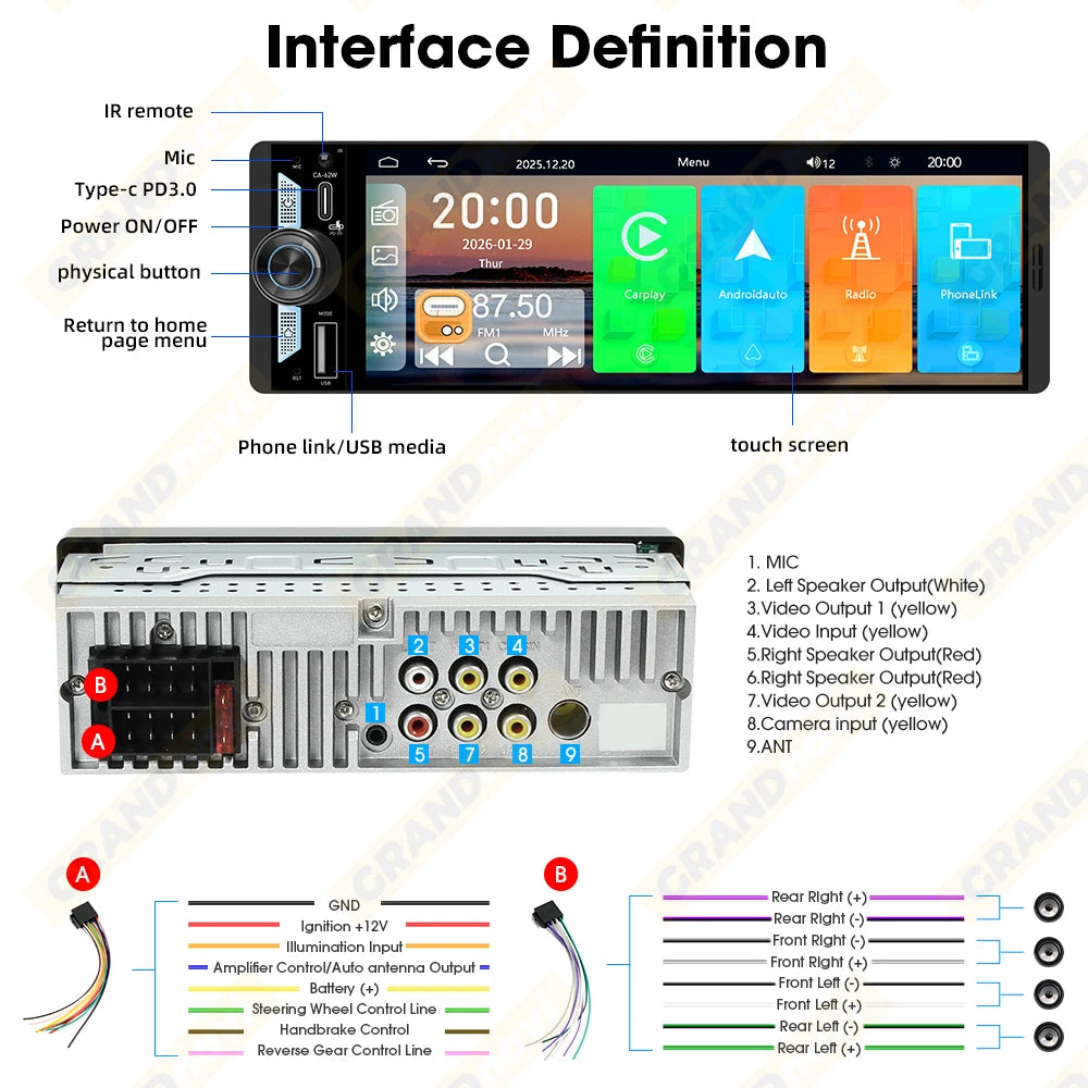 6.5 Inch 1Din IPS Screen Wireless Carplay Android Auto Airplay Car Radio MP5 Player Stereo Bluetooth FM Type-C PD3.0 Fast Charge