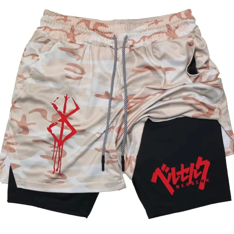 Anime Berserk Performance Shorts Men 2-in- Running Compression Shorts Training Yoga Gym Sportswear Workout Shorts with Pockets