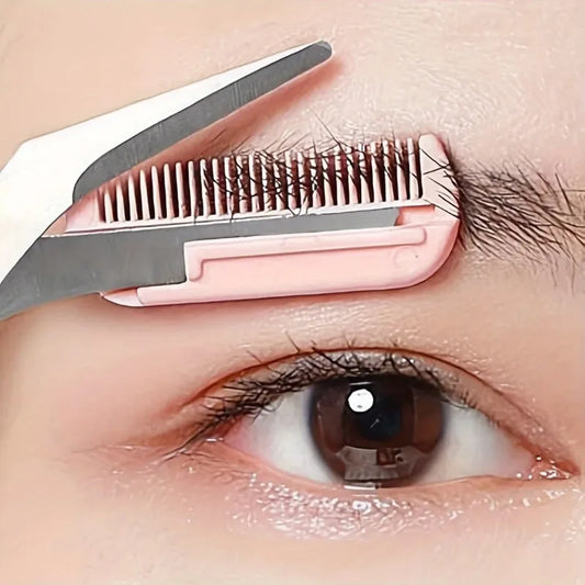 1 Pcs Pink Eyebrow Trimming Scissors with Built-in Comb - Stainless Steel, Precise Grooming Tool, Creating Perfect Eyebrows