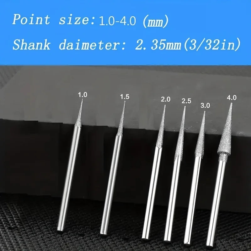 6Pcs 1-4mm Diamond Grinding Head Needle Bits Burrs Engraving Carving Tool 2.35mm Shank D