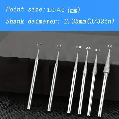 6Pcs 1-4mm Diamond Grinding Head Needle Bits Burrs Engraving Carving Tool 2.35mm Shank D