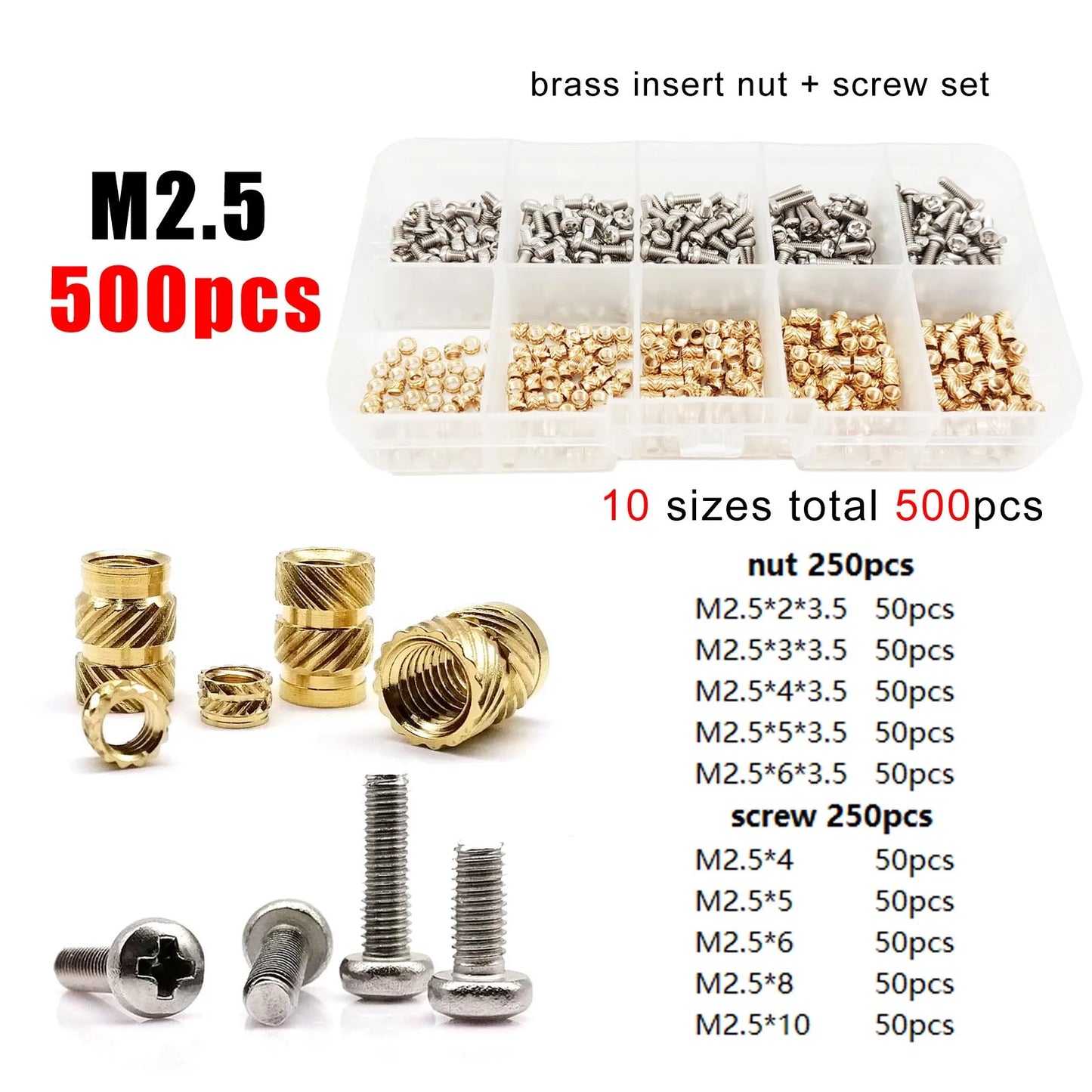 M1.4 M1.6 M2 M2.5 M3 M4 M5M6 Brass Copper Twill Knurled Thread Hot Heat Melt Injection 3D Print Embed Insert Nut Screw Kit Set