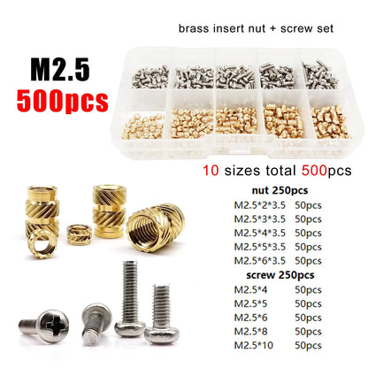 M1.4 M1.6 M2 M2.5 M3 M4 M5M6 Brass Copper Twill Knurled Thread Hot Heat Melt Injection 3D Print Embed Insert Nut Screw Kit Set