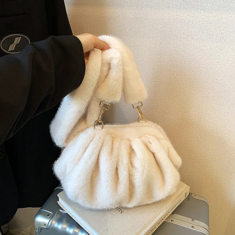 Cute and Versatile Winter Crossbody Bags Mink Fur Wrinkle Relaxed Texture Cloud Shell Bag Women Fashion Tote Shoulder Bag