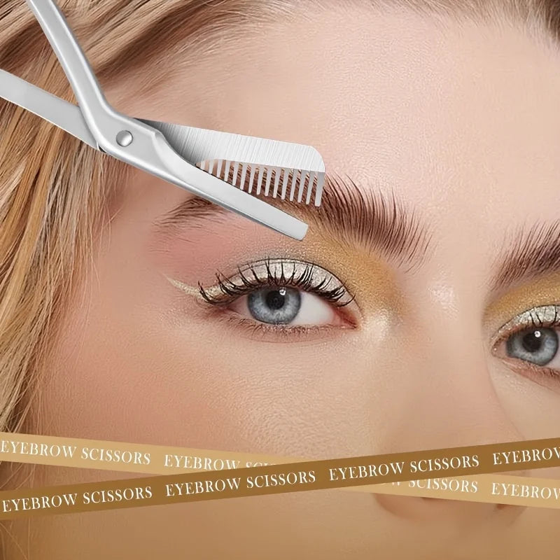 Professional Stainless Steel Eyebrow Scissors with Comb Hypoallergenic Ergonomic Two-Handed Design Precision Shaping & Grooming