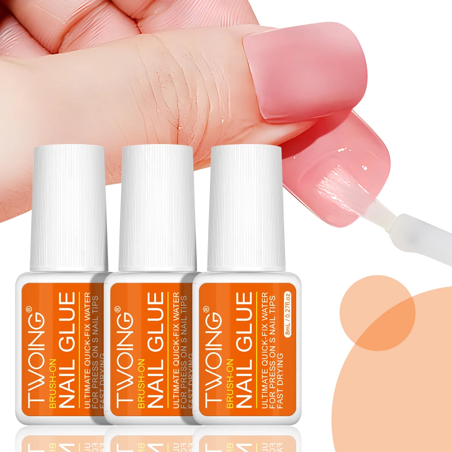 Twoing Waterproof Liquid Nail Adhesive,Long-Lasting & Fast-Drying, Formaldehyde-Free, Compatible with Acrylic Nails Fake Nails