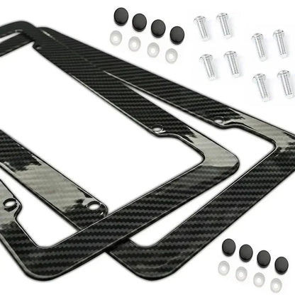 Black Carbon Fiber Pattern Plastic License Plate Frame Fiber Black Aluminum Metal Car Tag Holder Tire Screw Cap Universal Amagi