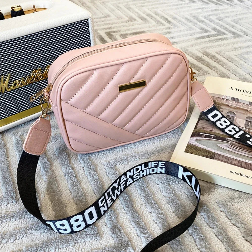 High quality women's PU rolling strip camera bag shoulder bag mobile phone bag casual crossbody bag