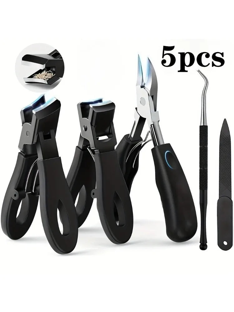 5pc Modern Stainless Steel Toenail Clippers Set with Ergonomic Handle,Includes Wide Mouth Angled Scissors,Nail File Cuticle Tool