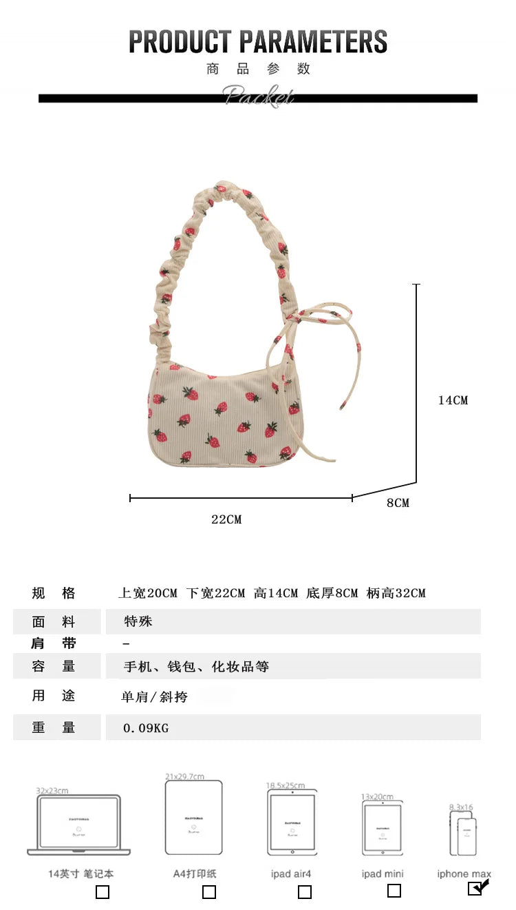 Women Small Underarm Bag Corduroy Handbag Cute Strawberry Print Little Tote Half Moon Design Eco Cloth Purse Mini Shoulder Bags