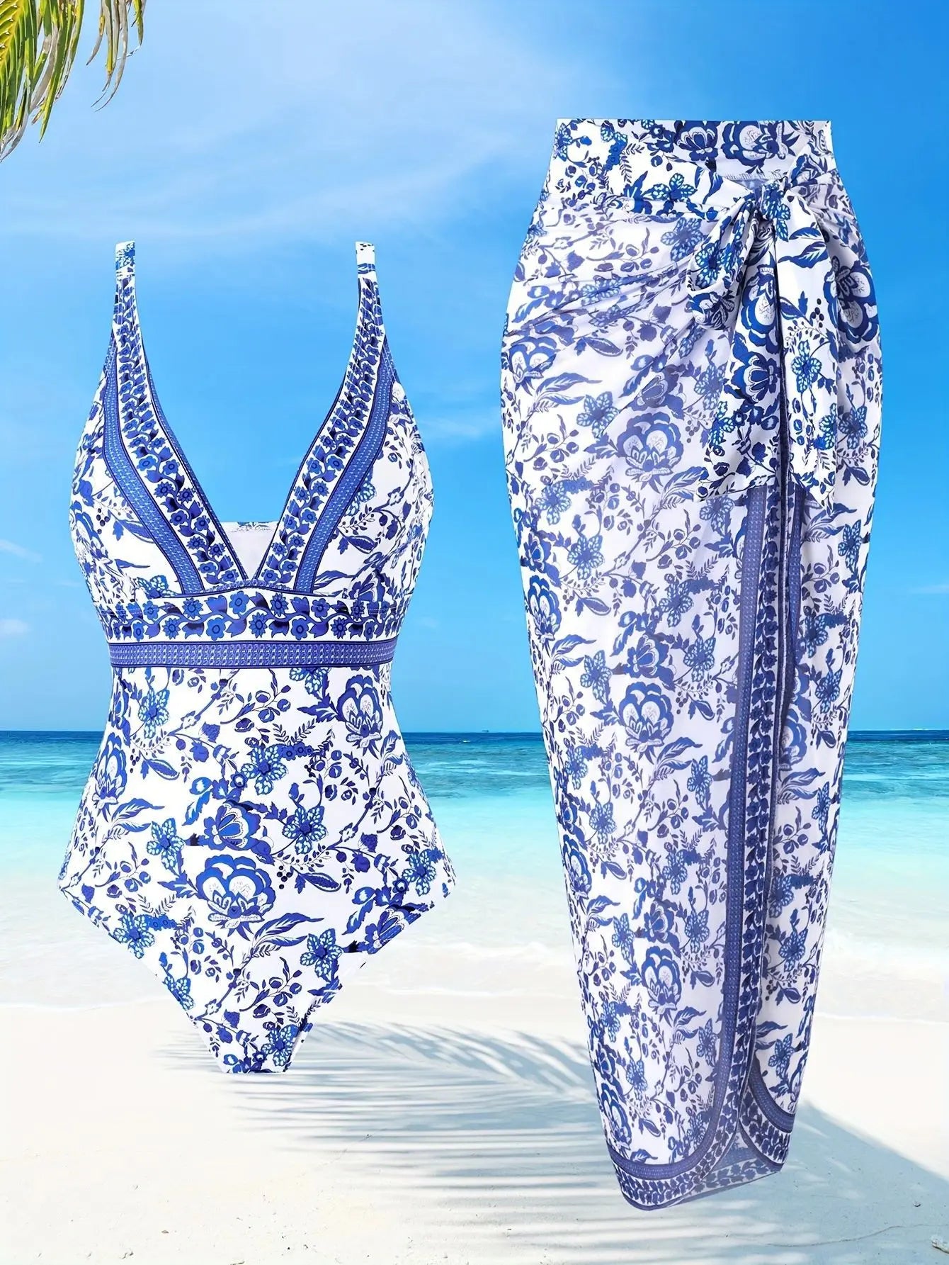 Blue One-Shoulder Ruffled Print Floral Swimsuit Set Cover Up Single Piece Micro Monokini Sexy Swimwear For Girls Summer Beach