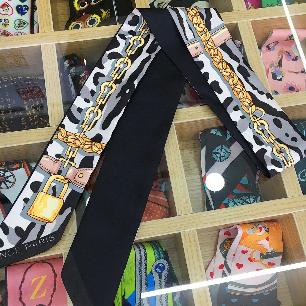 120*5cm Plant Jungle Printed Scarf for Women's Spring Summer New Model Emulated Silk Streamer Fashionable Retro Hairband Streame