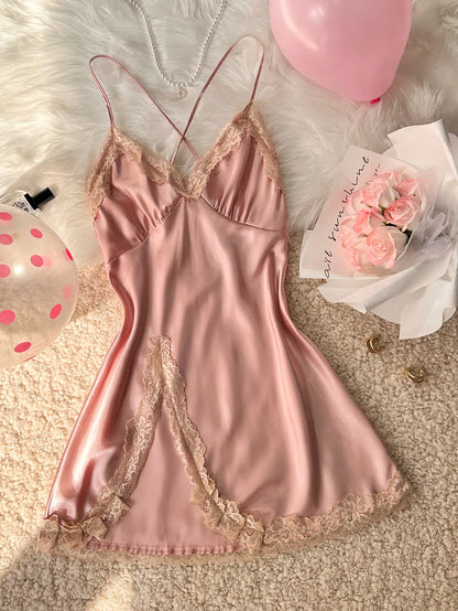 Women's Sexy Fashion V-Neck Sleep Dress Lace Trim Crisscross Back Nightgown Loungewear