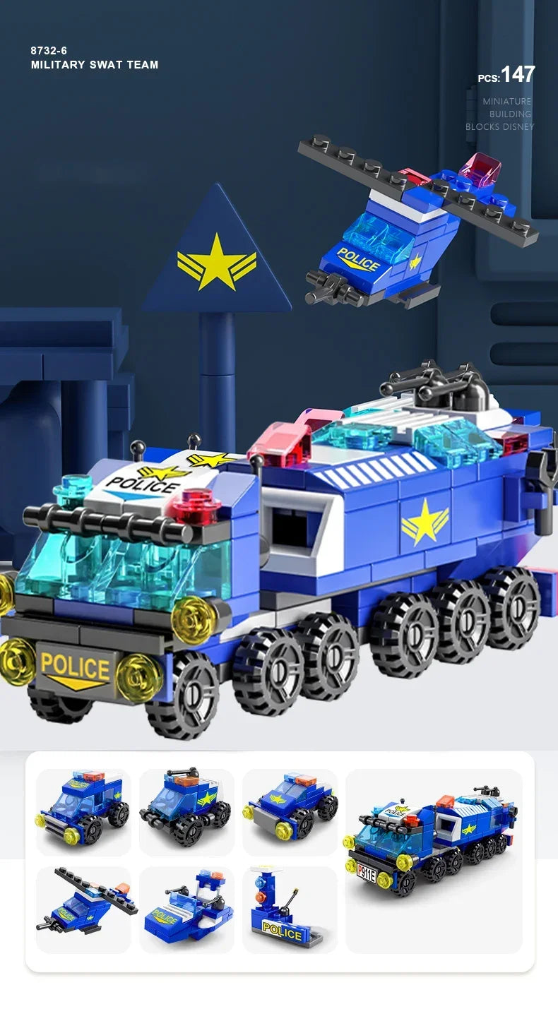 City Fire Car Building Blocks for Children, Police Truck, Engineering Crane, Tank, Helicopter Bricks Set Toys for Kids, 6in 1