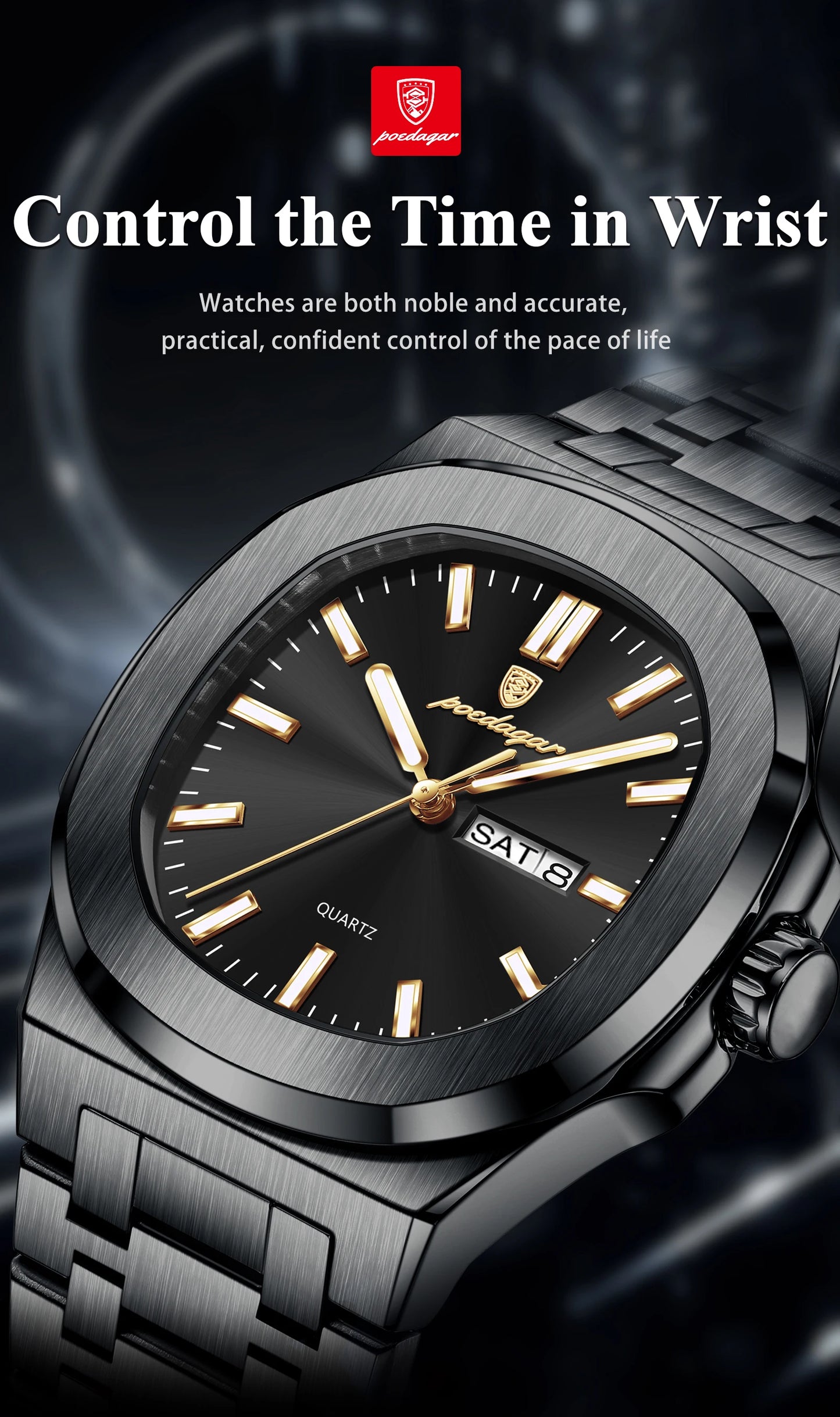 POEDAGAR Square Luxury Men's Wristwatch Luminous Waterproof Stainless Steel Male Clock Week Date Original Quartz Watches For Men