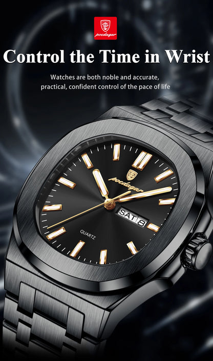 POEDAGAR Square Luxury Men's Wristwatch Luminous Waterproof Stainless Steel Male Clock Week Date Original Quartz Watches For Men
