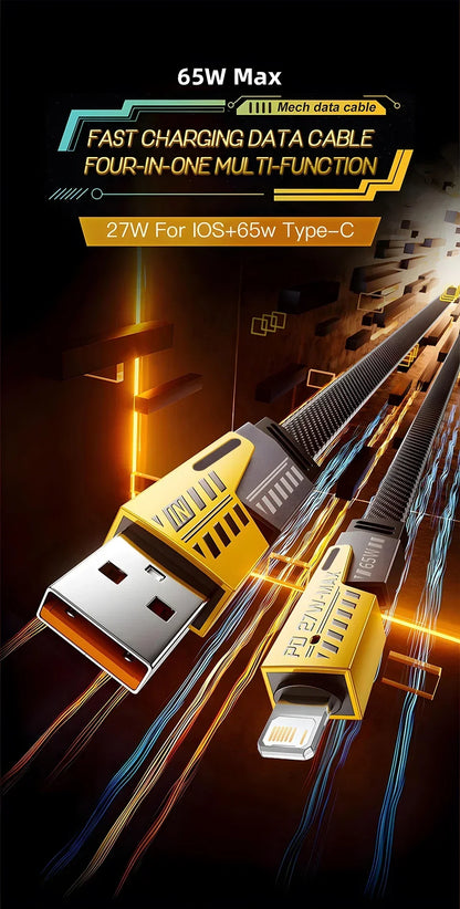 4-in-1 Fast Charging Cable, 65W PD QC Charging Cable with Multiple Connectors, Suitable for Android/iPhone