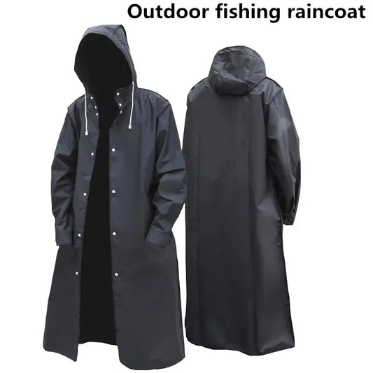 Fashion black adult windbreaker style waterproof long raincoat women's men's hooded outdoor motorcycle, bicycle, hiking, fishing