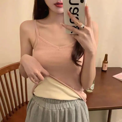 T-shirt Sleeveless Tops Women Winter Warm Underwear Solid Color Thermal Casual Nightwear Sexy Elasticity Female Thin Velvet