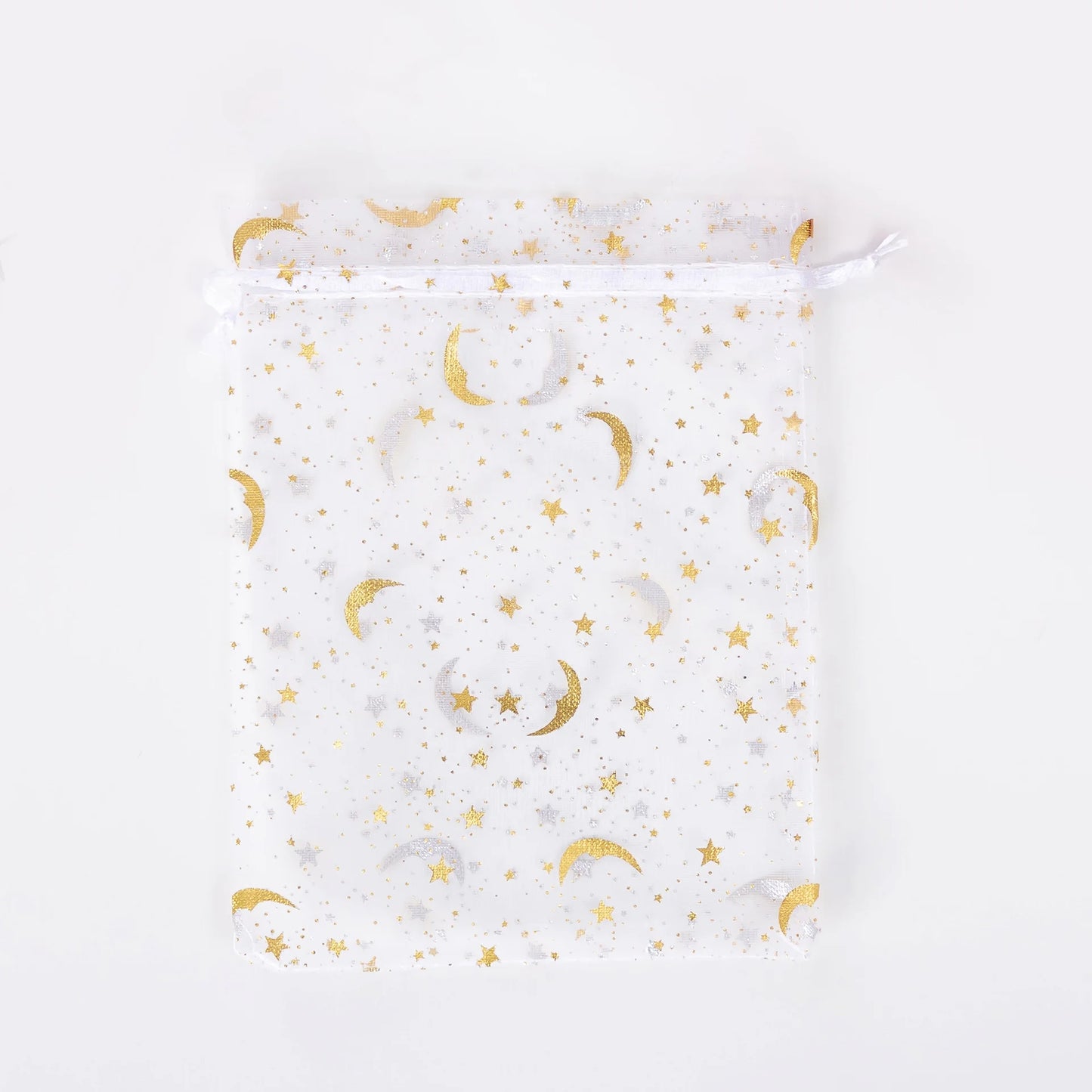 50PCS White Moon Stars Drawstring Organza Bags Jewelry Gift Bags Pouches Gold Star Organza Favor Pouches for Christmas Wedding