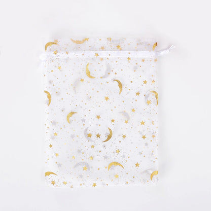 50PCS White Moon Stars Drawstring Organza Bags Jewelry Gift Bags Pouches Gold Star Organza Favor Pouches for Christmas Wedding