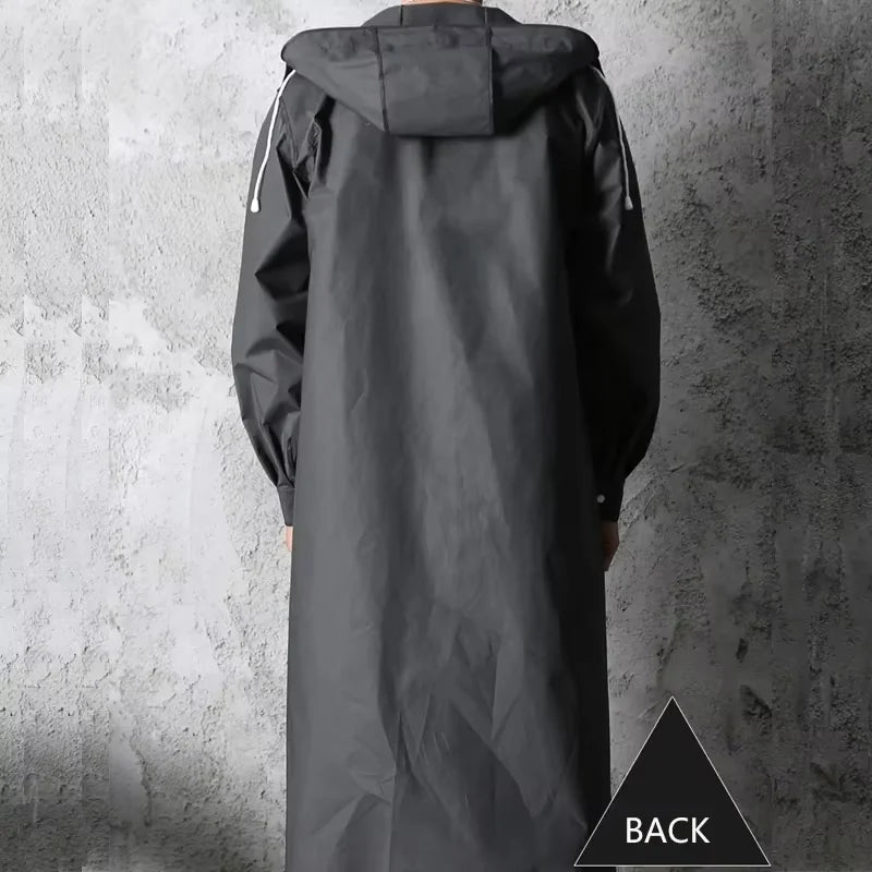 Fashion black adult windbreaker style waterproof long raincoat women's men's hooded outdoor motorcycle, bicycle, hiking, fishing