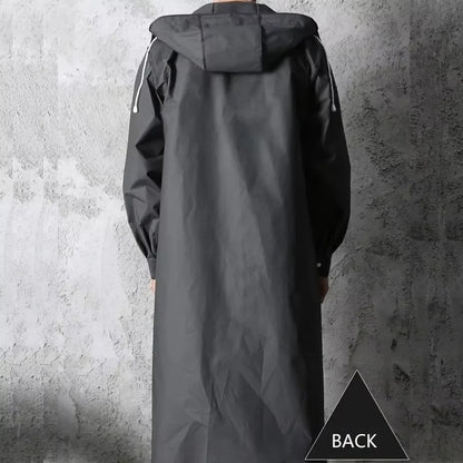Fashion black adult windbreaker style waterproof long raincoat women's men's hooded outdoor motorcycle, bicycle, hiking, fishing